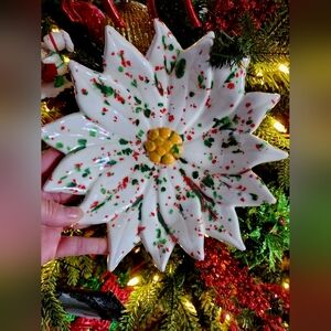 Festive Ceramic Vintage Mid Centery Christmas Poinsettia Candy Dish